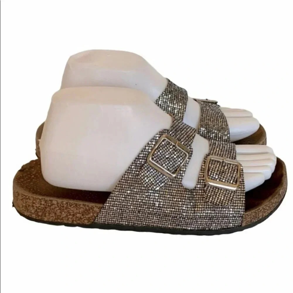 H2K size 9 Sparkly Glitter Double Buckle Cork Slides Sandals Rhinestone Comfort‎